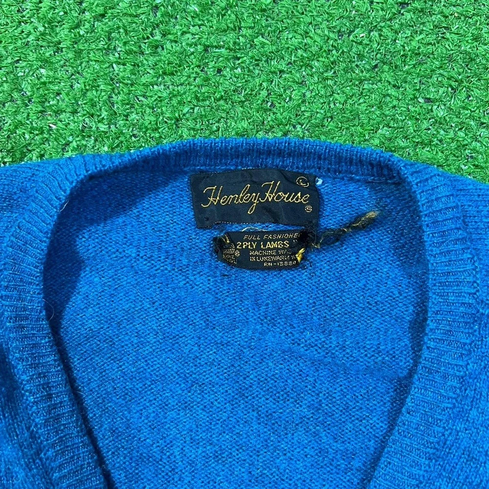 Vintage 50s Designer Sweater LG Lambs Wool Sweater Teal Blue Henley House Flaw